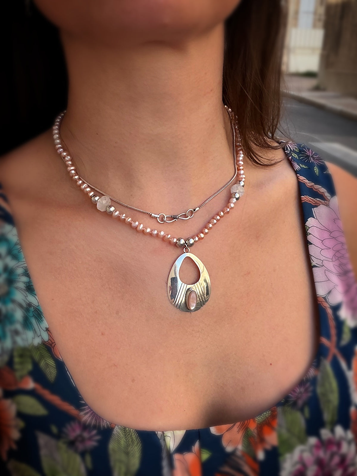 Pink Pearl, Moonstone & Silver Pendant Necklace