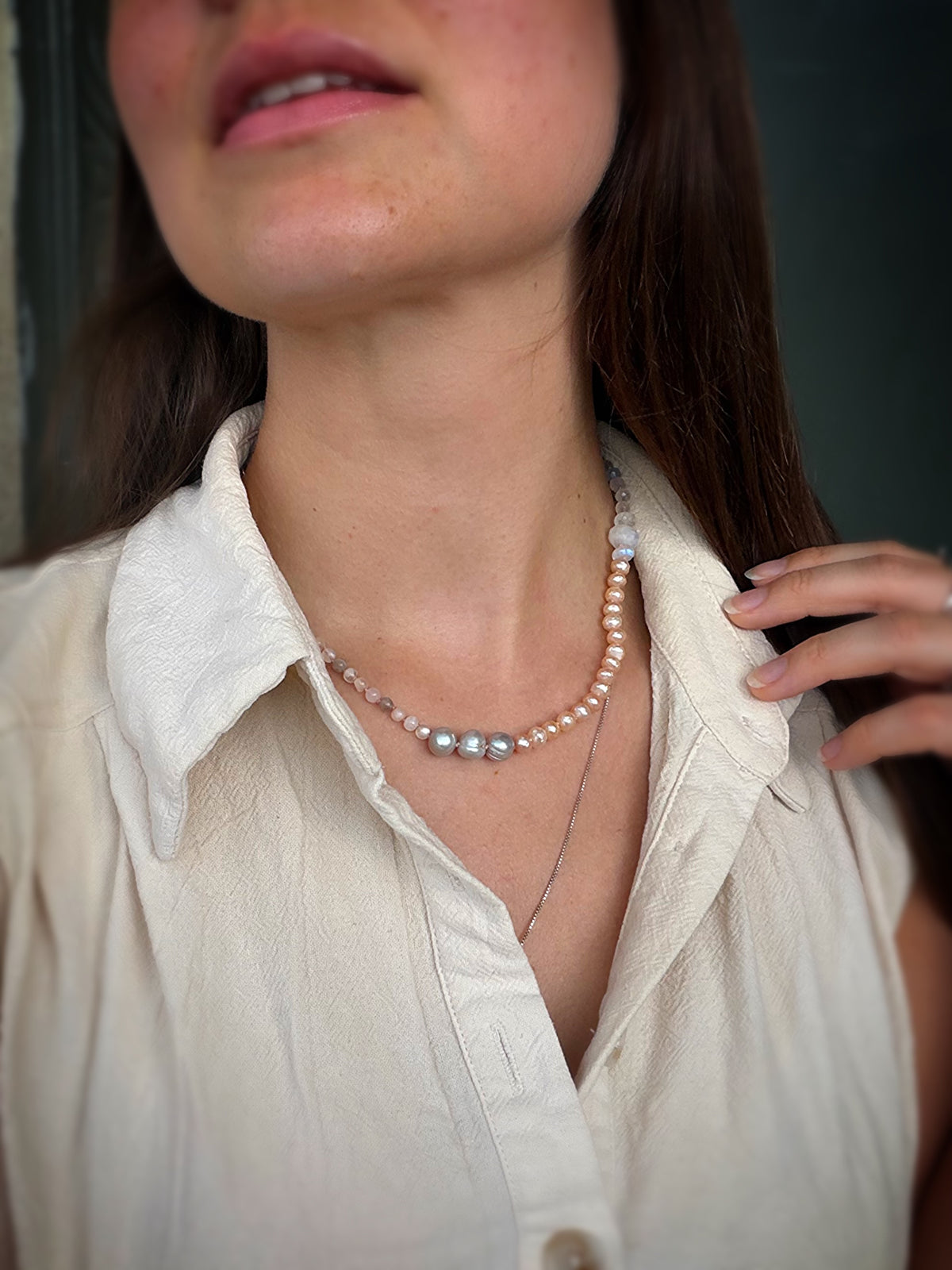 Pink Pearl & Smoky Quartz Necklace