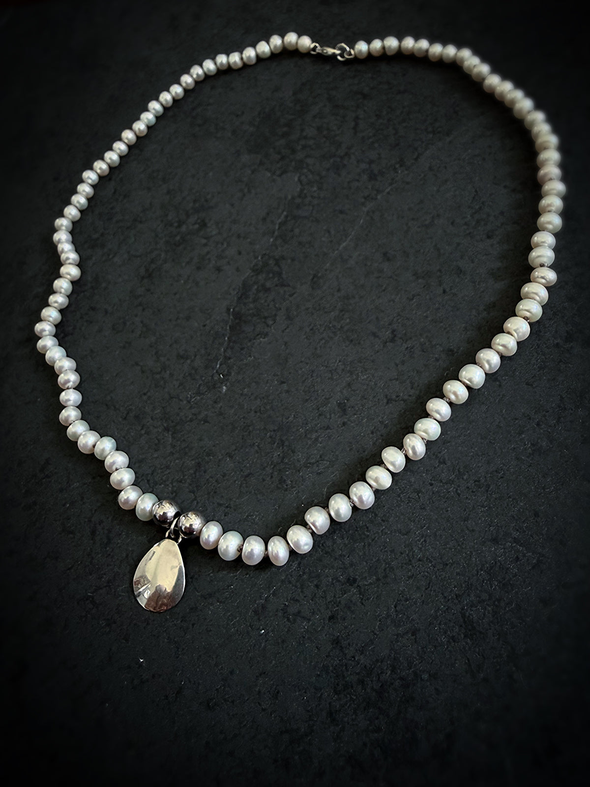White Pearl & Silver Teardrop Necklace