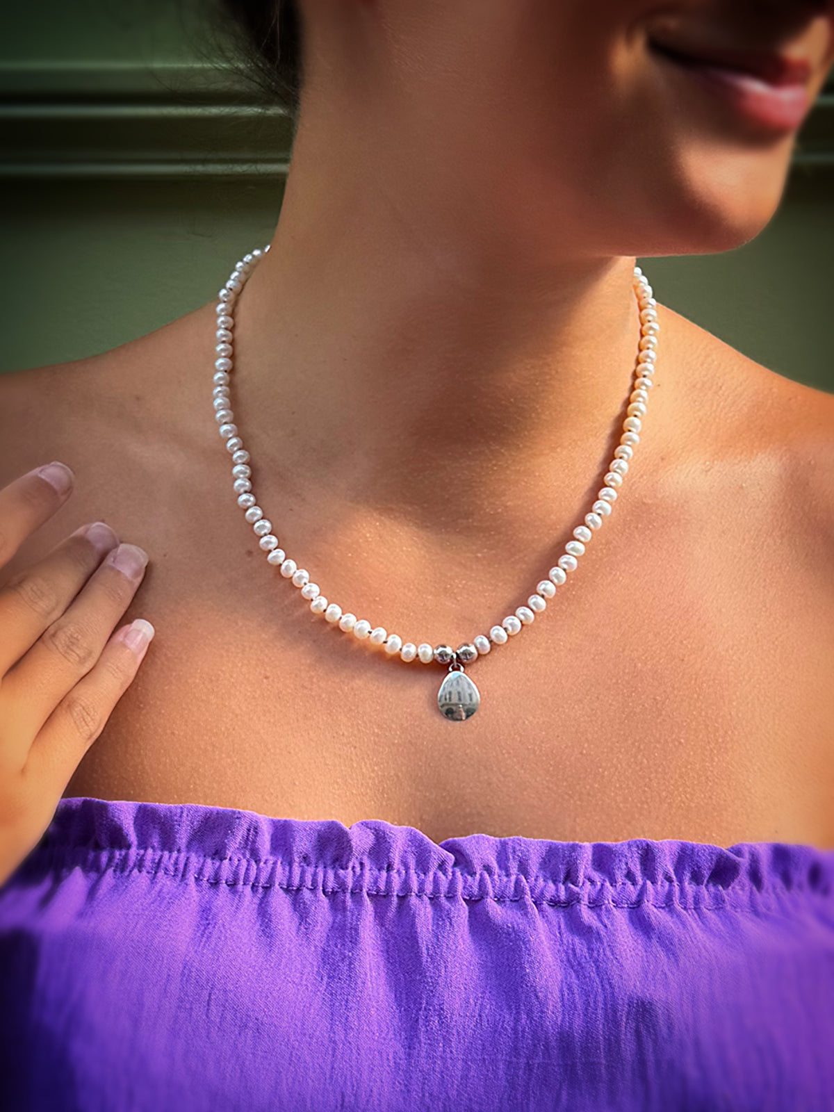 White Pearl & Silver Teardrop Necklace