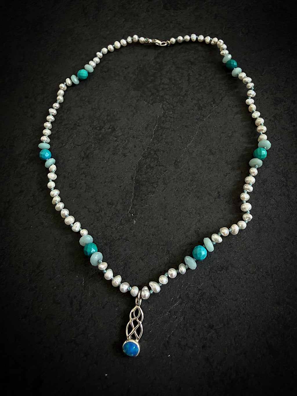 White Pearl, Turquoise & Blue Opal Necklace
