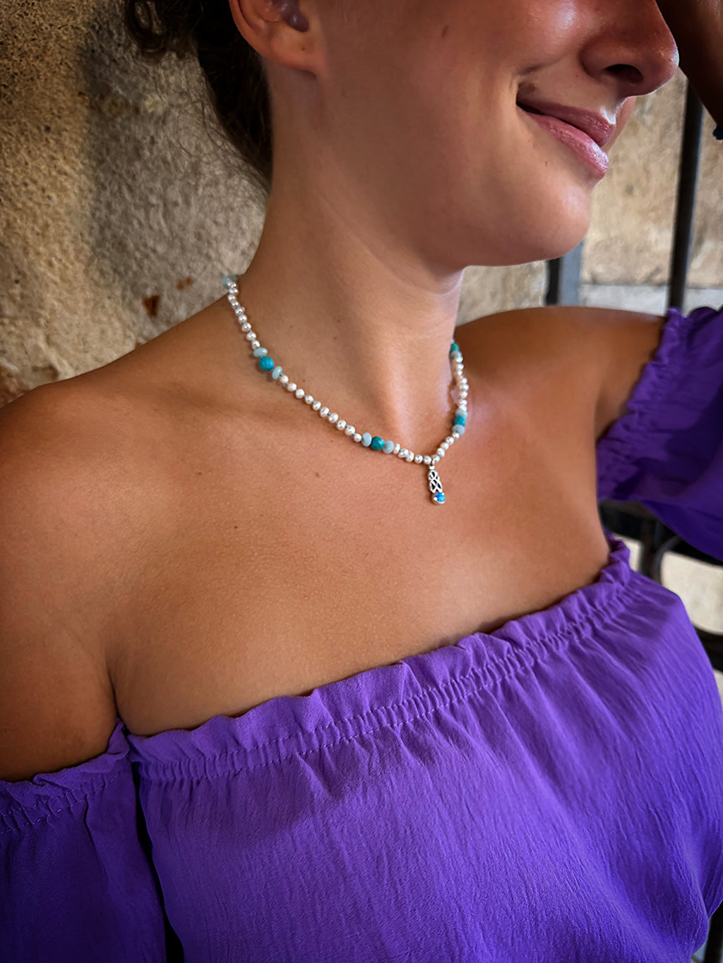 White Pearl, Turquoise & Blue Opal Necklace