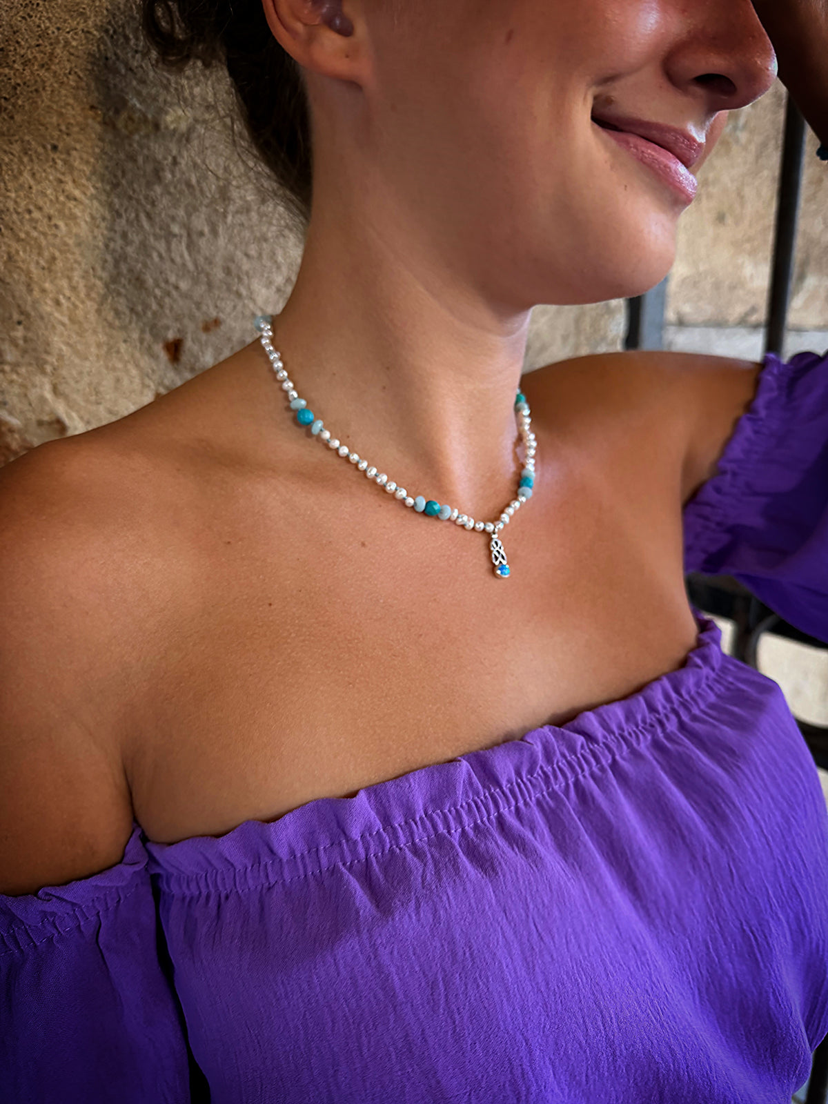 White Pearl, Turquoise & Blue Opal Necklace