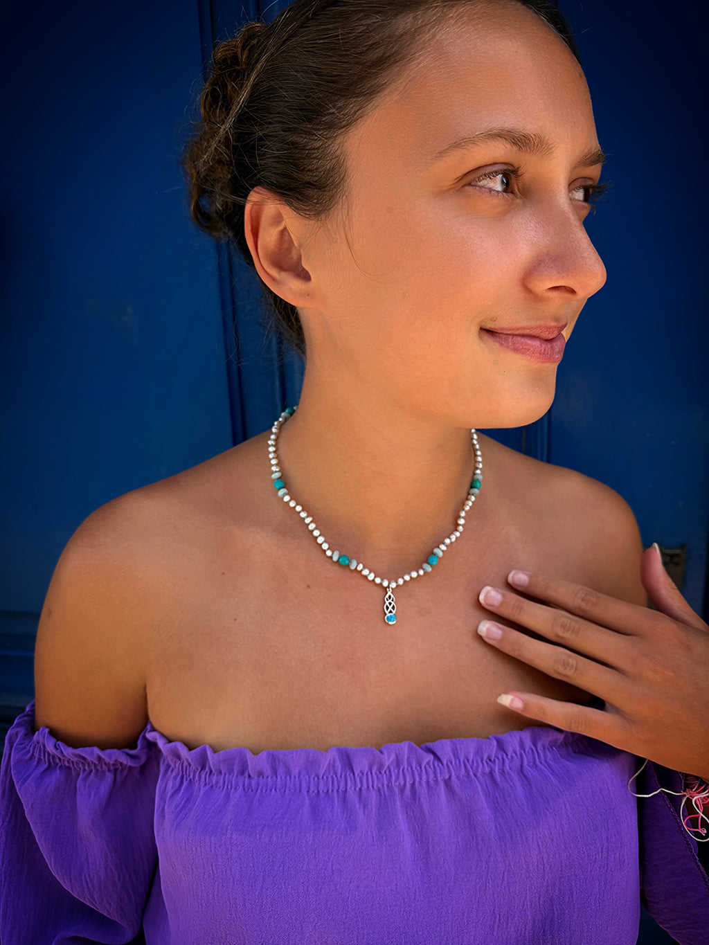 White Pearl, Turquoise & Blue Opal Necklace