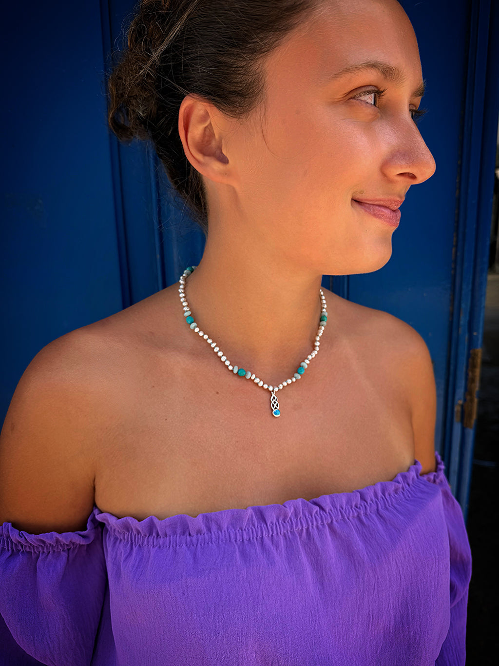 White Pearl, Turquoise & Blue Opal Necklace