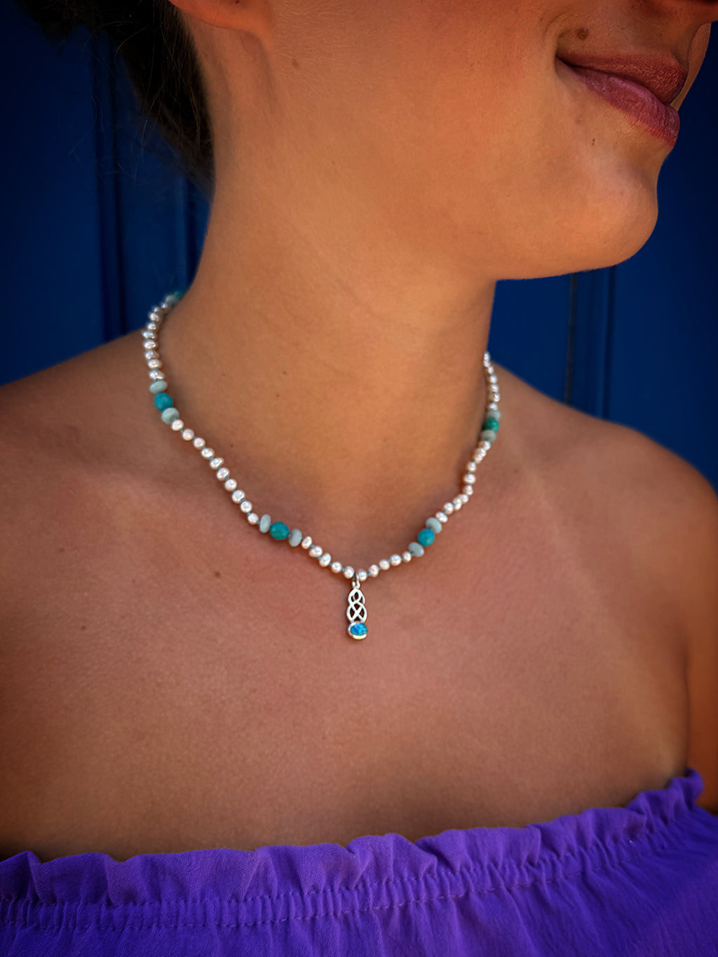 White Pearl, Turquoise & Blue Opal Necklace