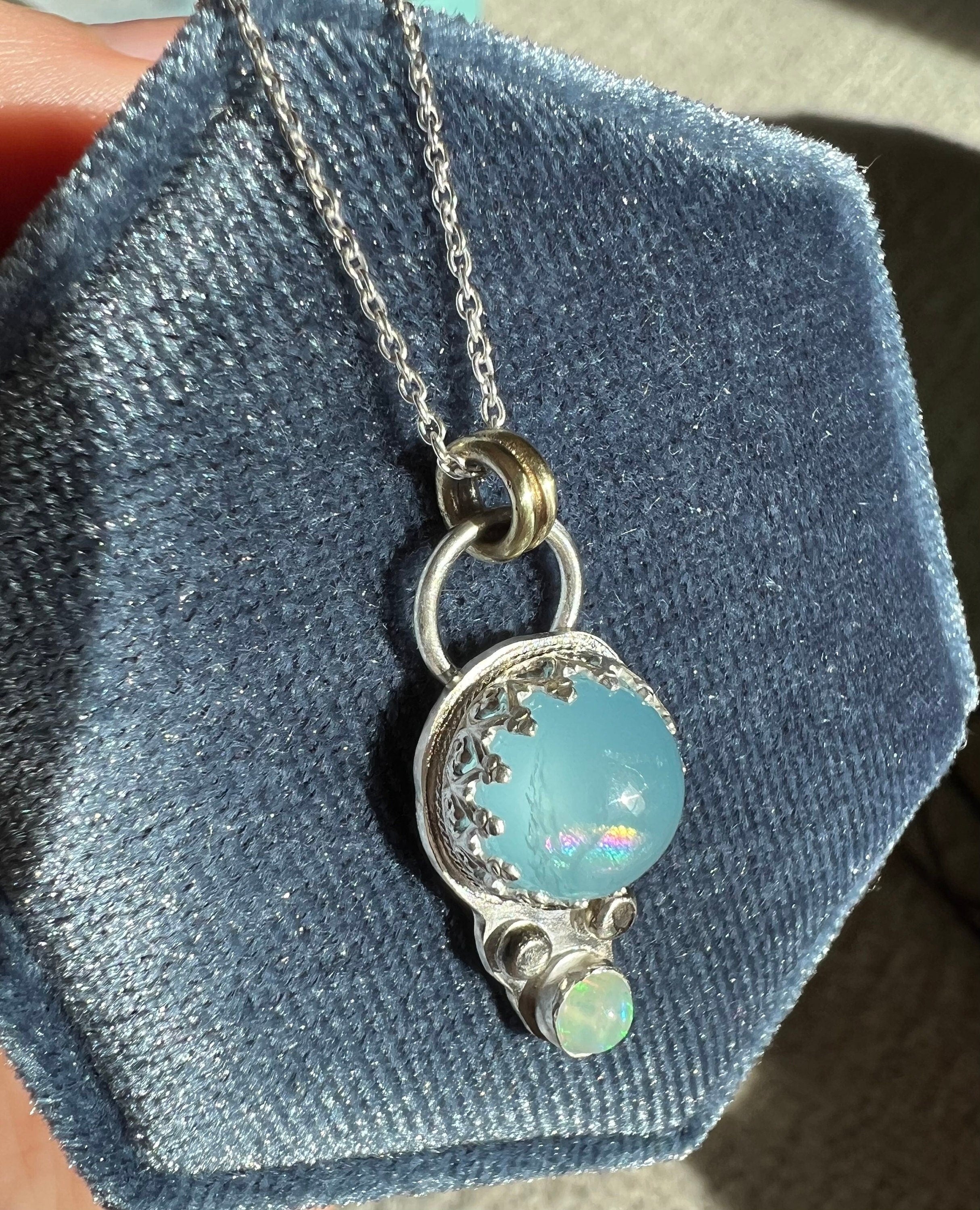 Aquamarine and Opal Rainbow Pendant Necklace