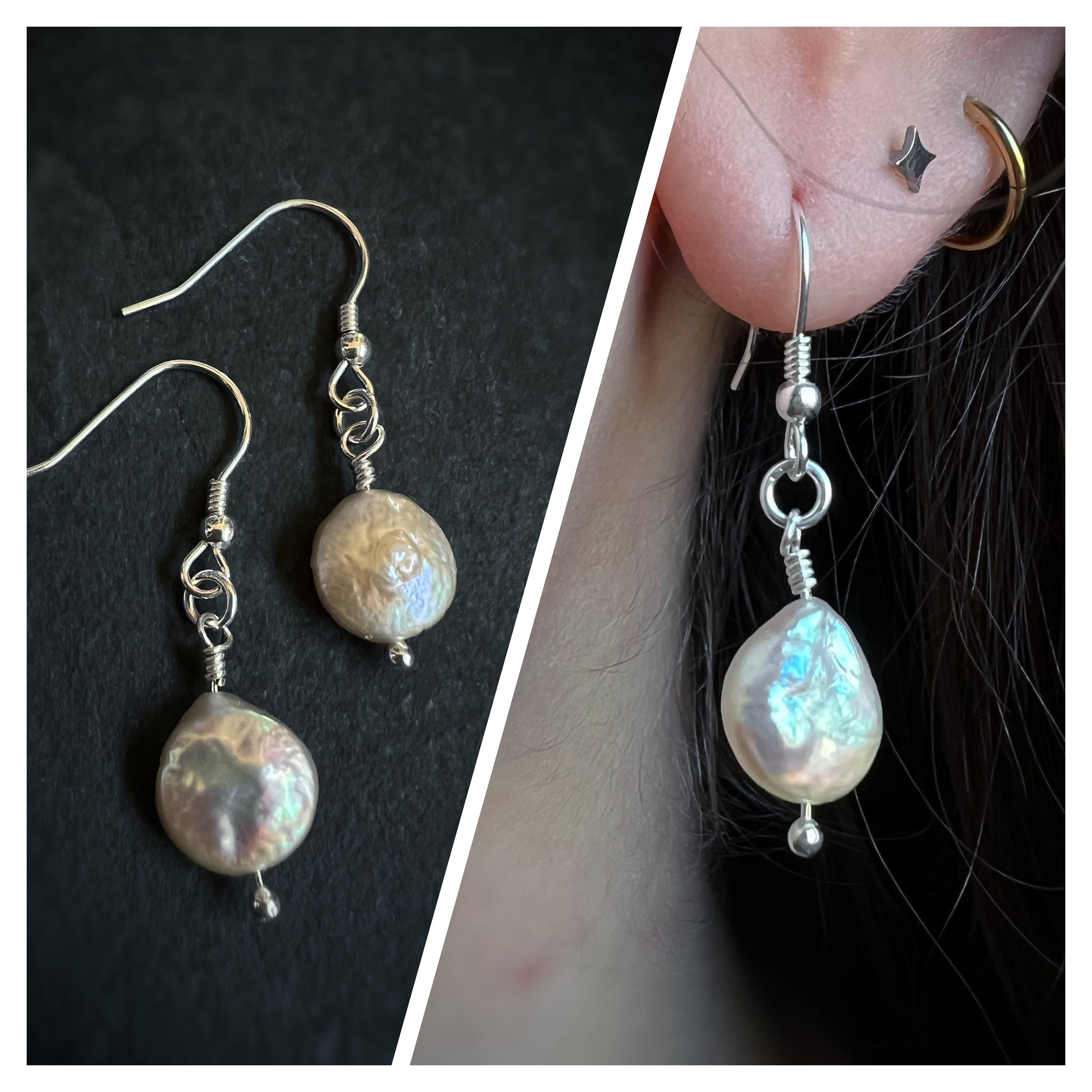 Pearl Moon - Button Pearl Dangling Drop Earrings