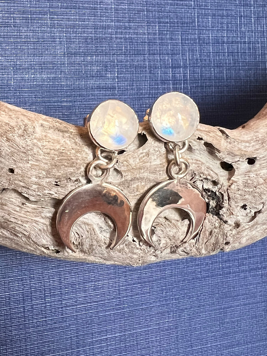 Crescent Moon Stud Rainbow Moonstone Earrings