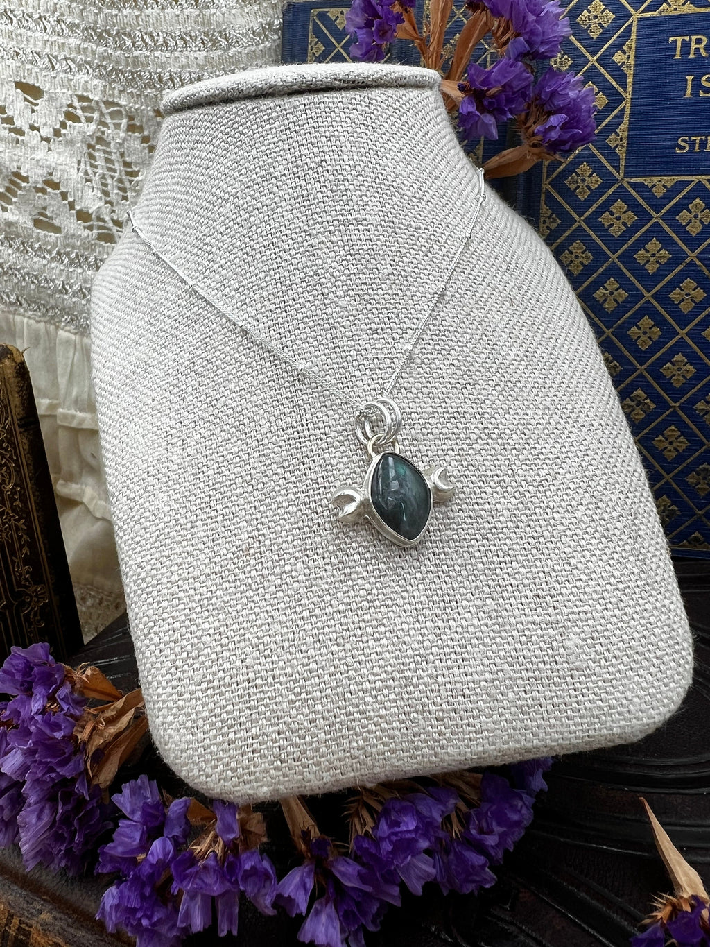 Crescent Moon Cat Eye Labradorite Pendant Necklace