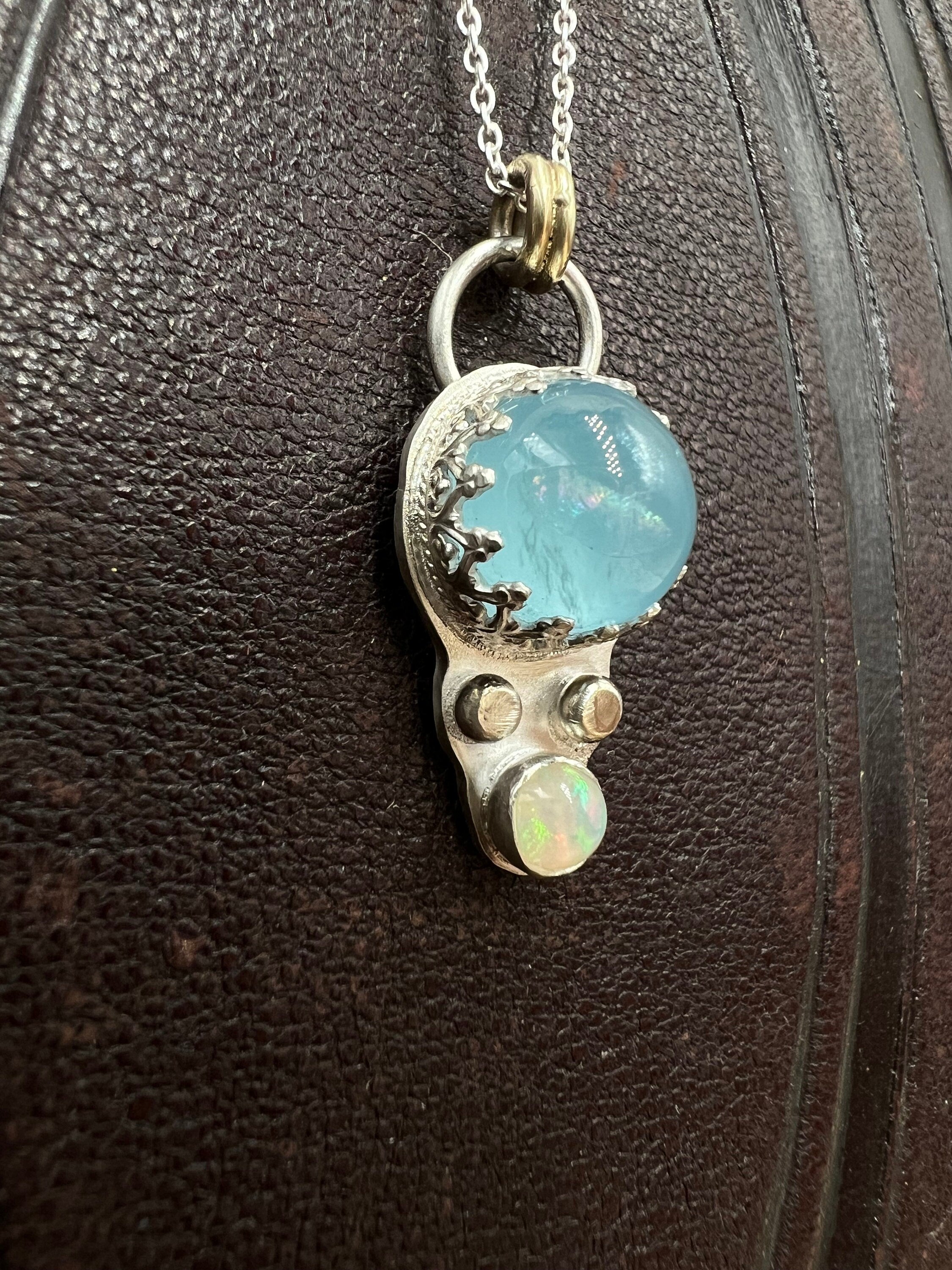 Aquamarine and Opal Rainbow Pendant Necklace