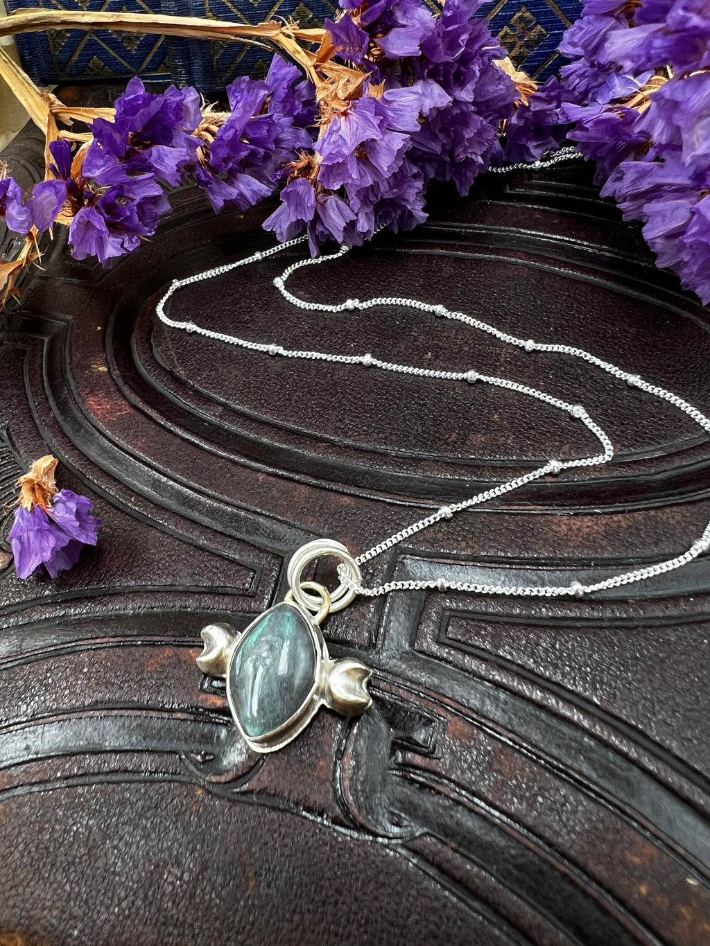 Crescent Moon Cat Eye Labradorite Pendant Necklace