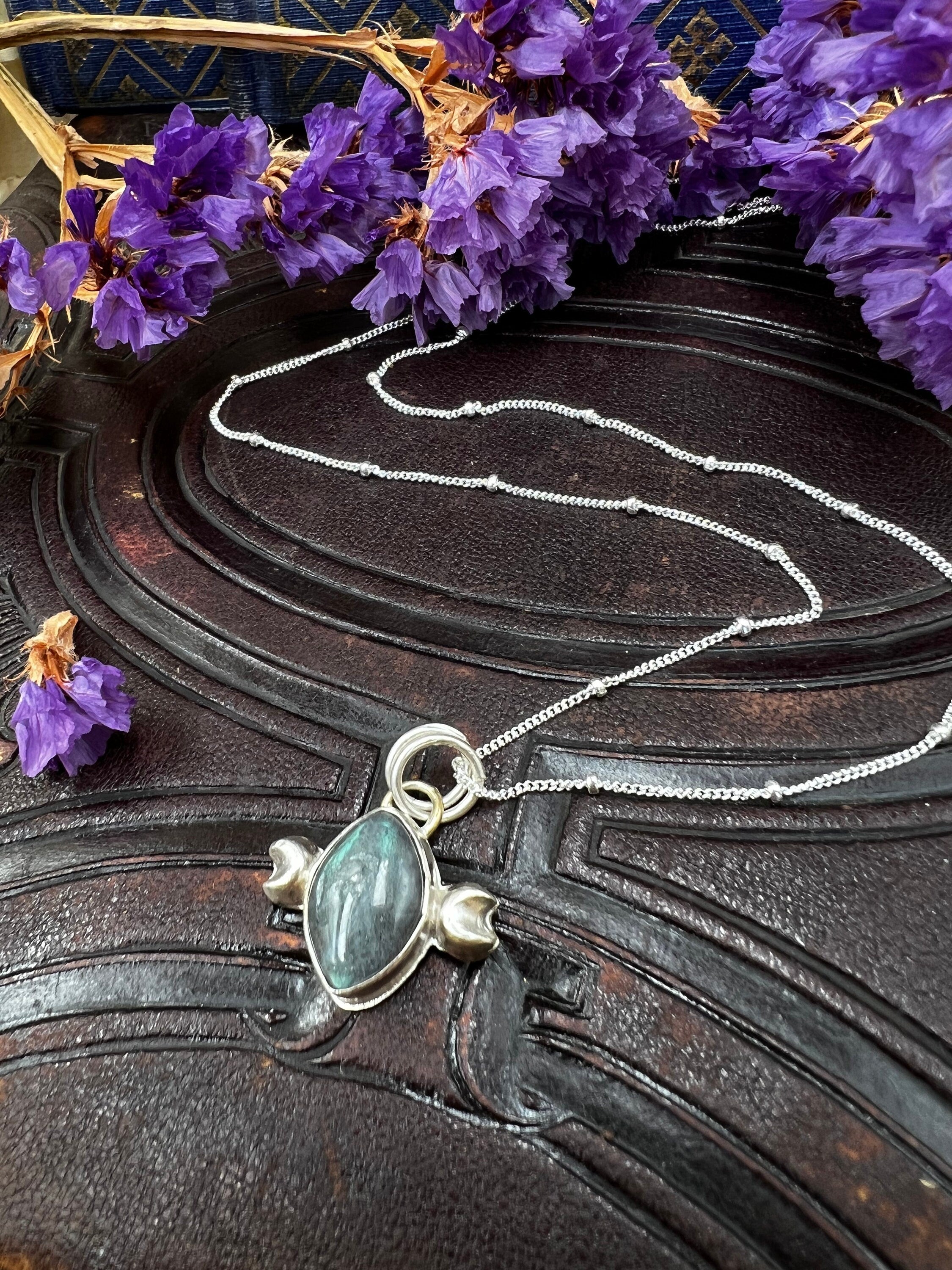 Crescent Moon Cat Eye Labradorite Pendant Necklace