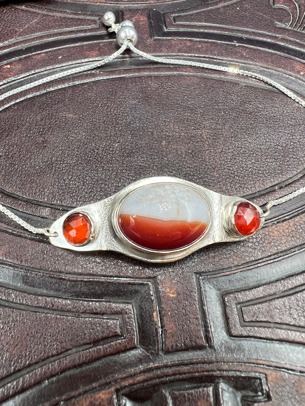 Jupiter Orange Agate and Rare Hessonite Garnet Resizable Bar Bracelet