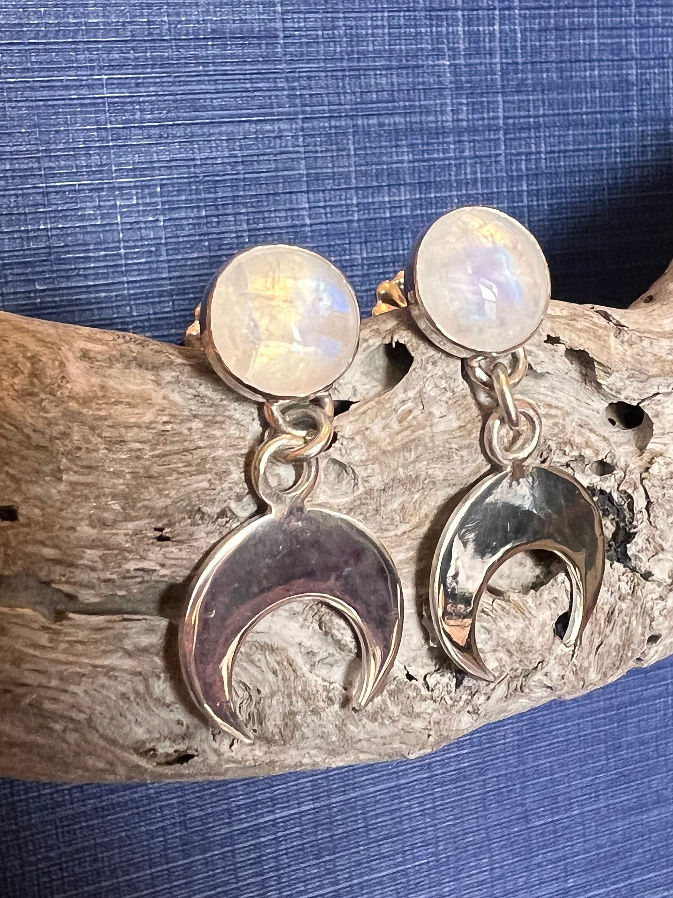 Crescent Moon Stud Rainbow Moonstone Earrings