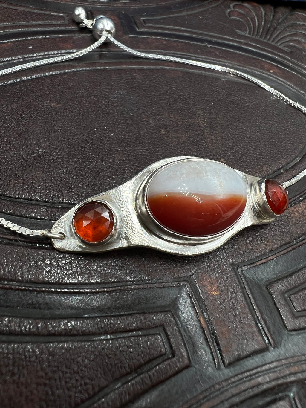Jupiter Orange Agate and Rare Hessonite Garnet Resizable Bar Bracelet