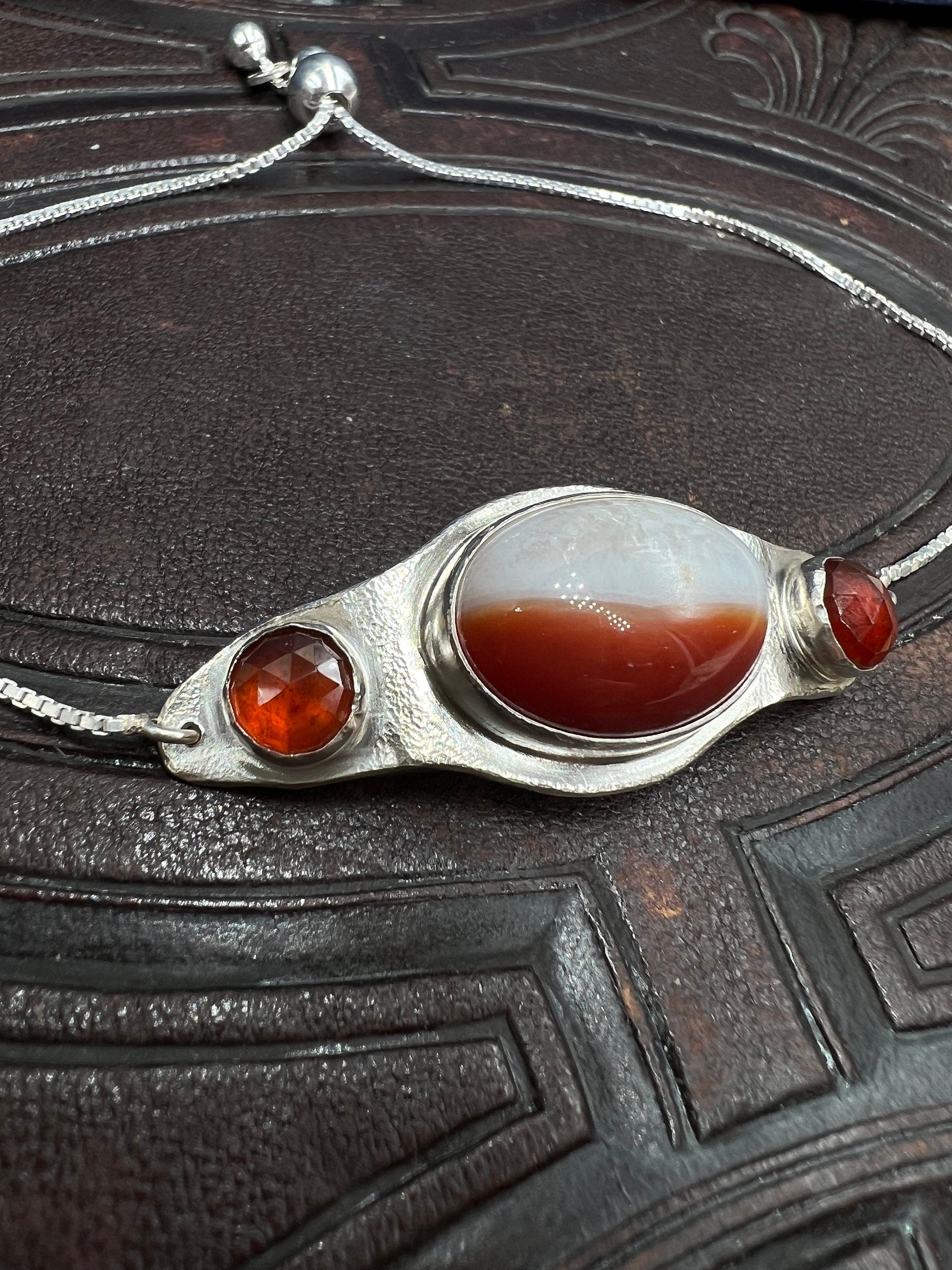 Jupiter Orange Agate and Rare Hessonite Garnet Resizable Bar Bracelet