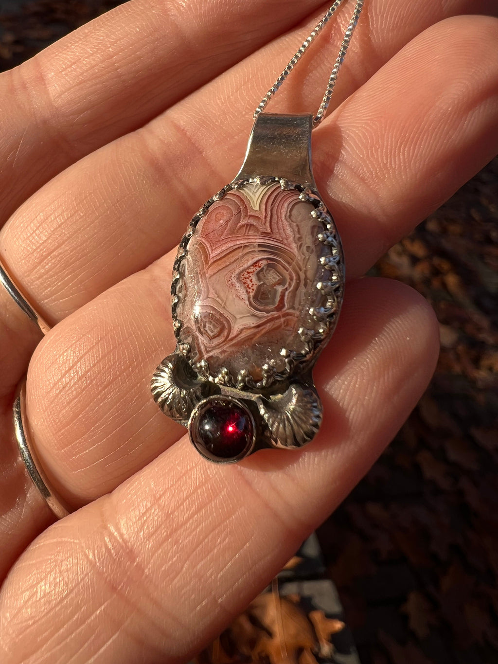 Autumn Forest Agate and Garnet Pendant Necklace