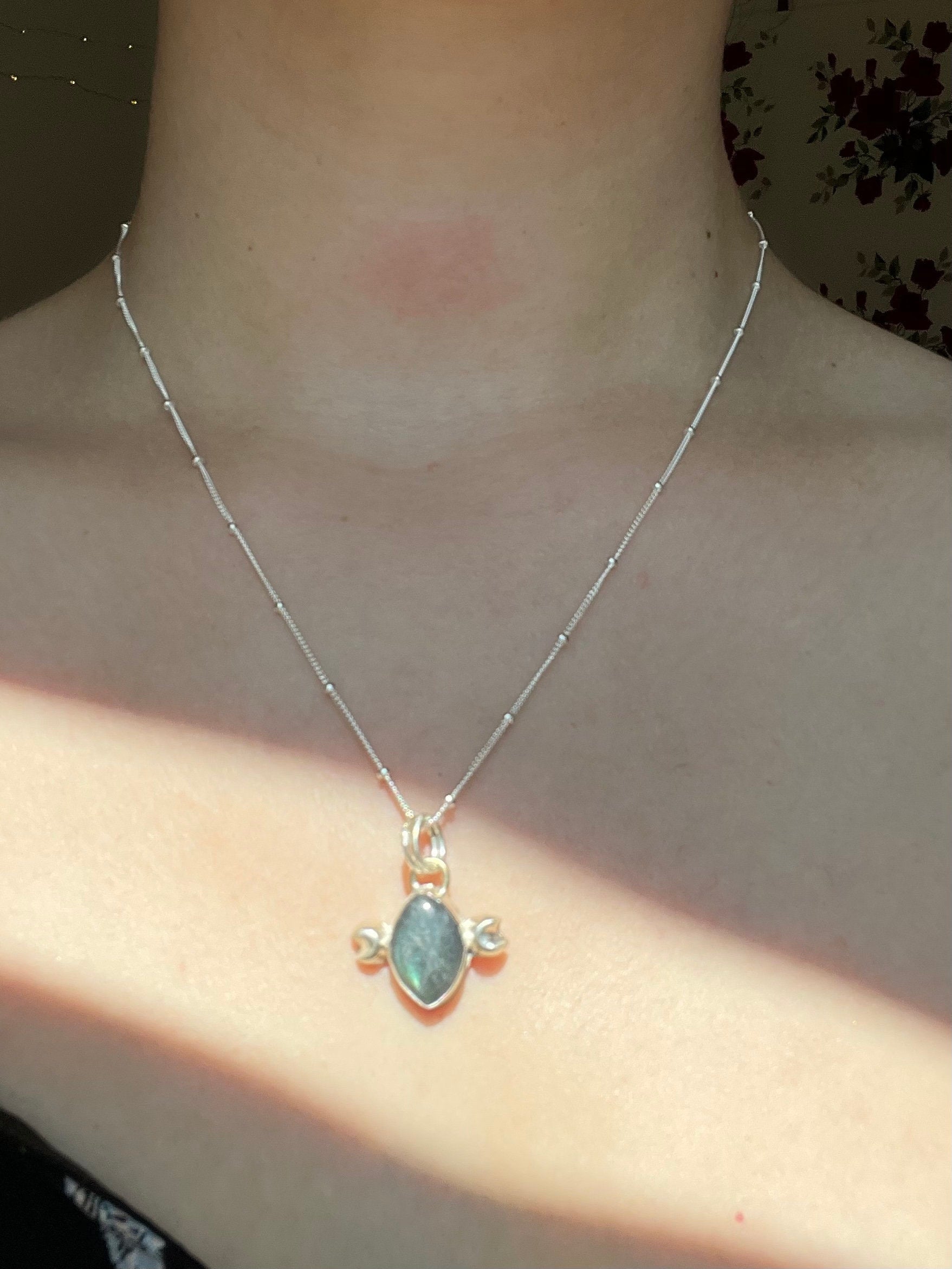 Crescent Moon Cat Eye Labradorite Pendant Necklace