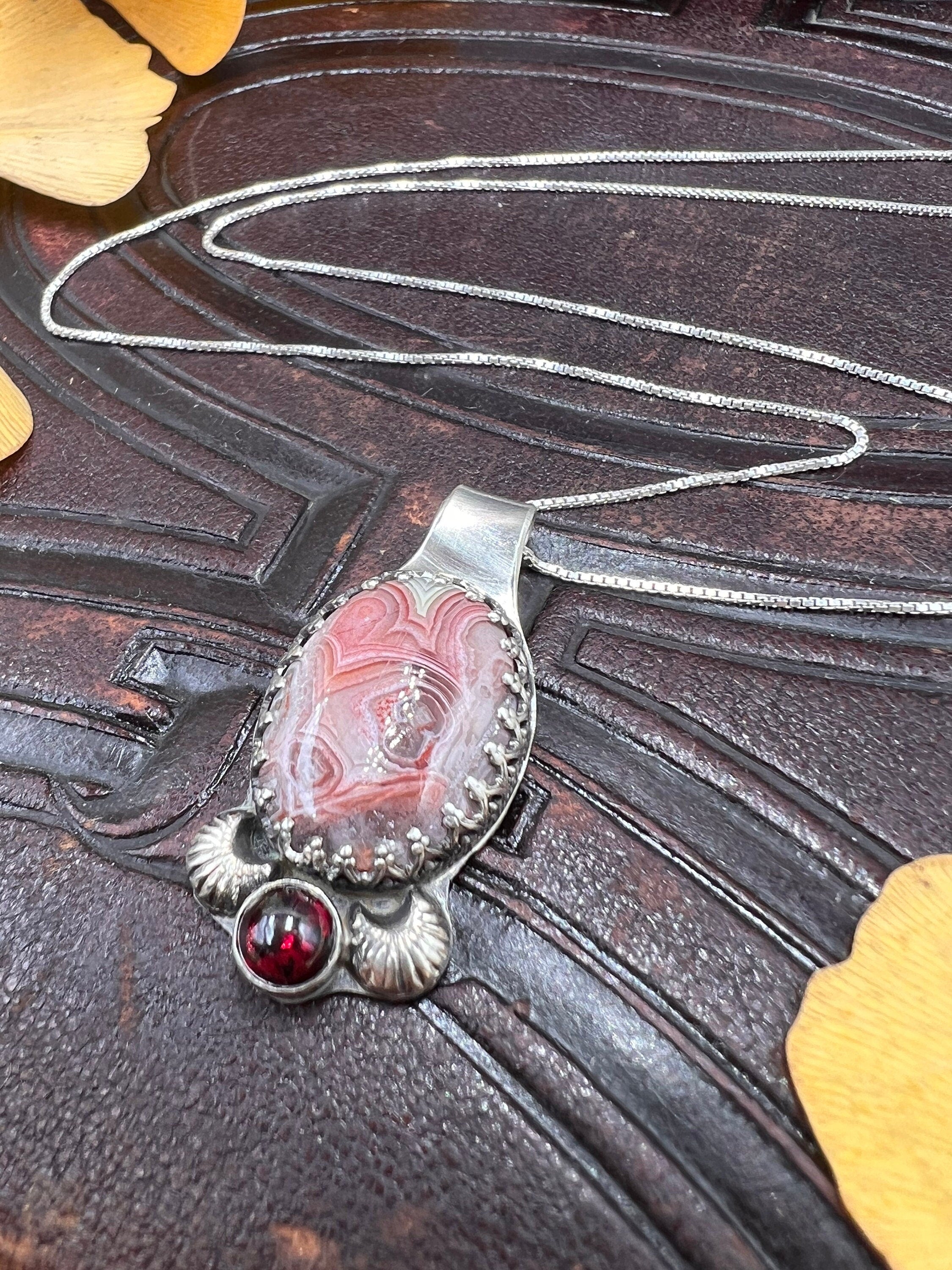 Autumn Forest Agate and Garnet Pendant Necklace