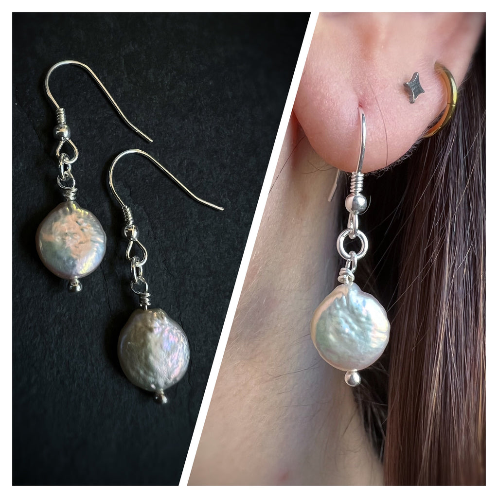 Pearl Moon - Button Pearl Dangling Drop Earrings