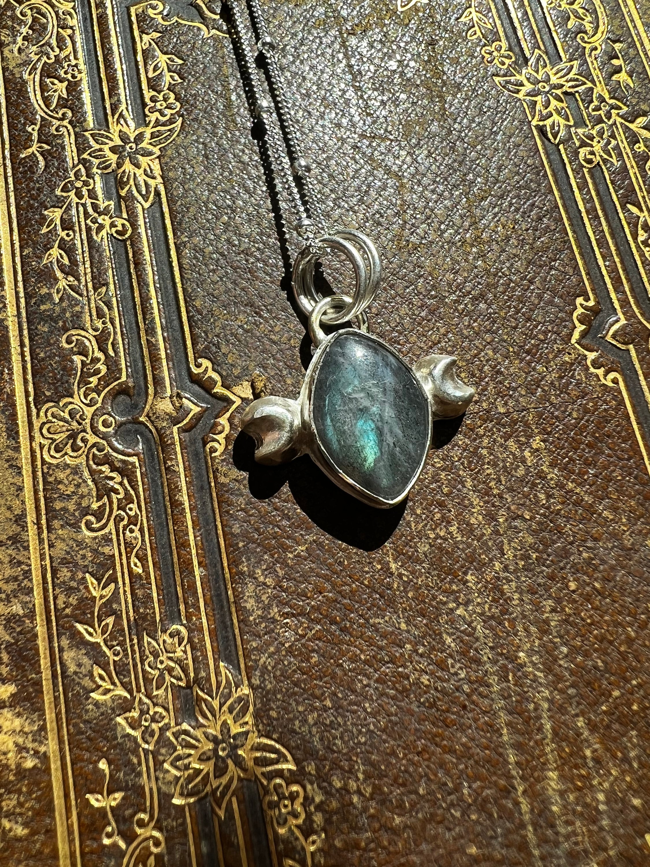 Crescent Moon Cat Eye Labradorite Pendant Necklace