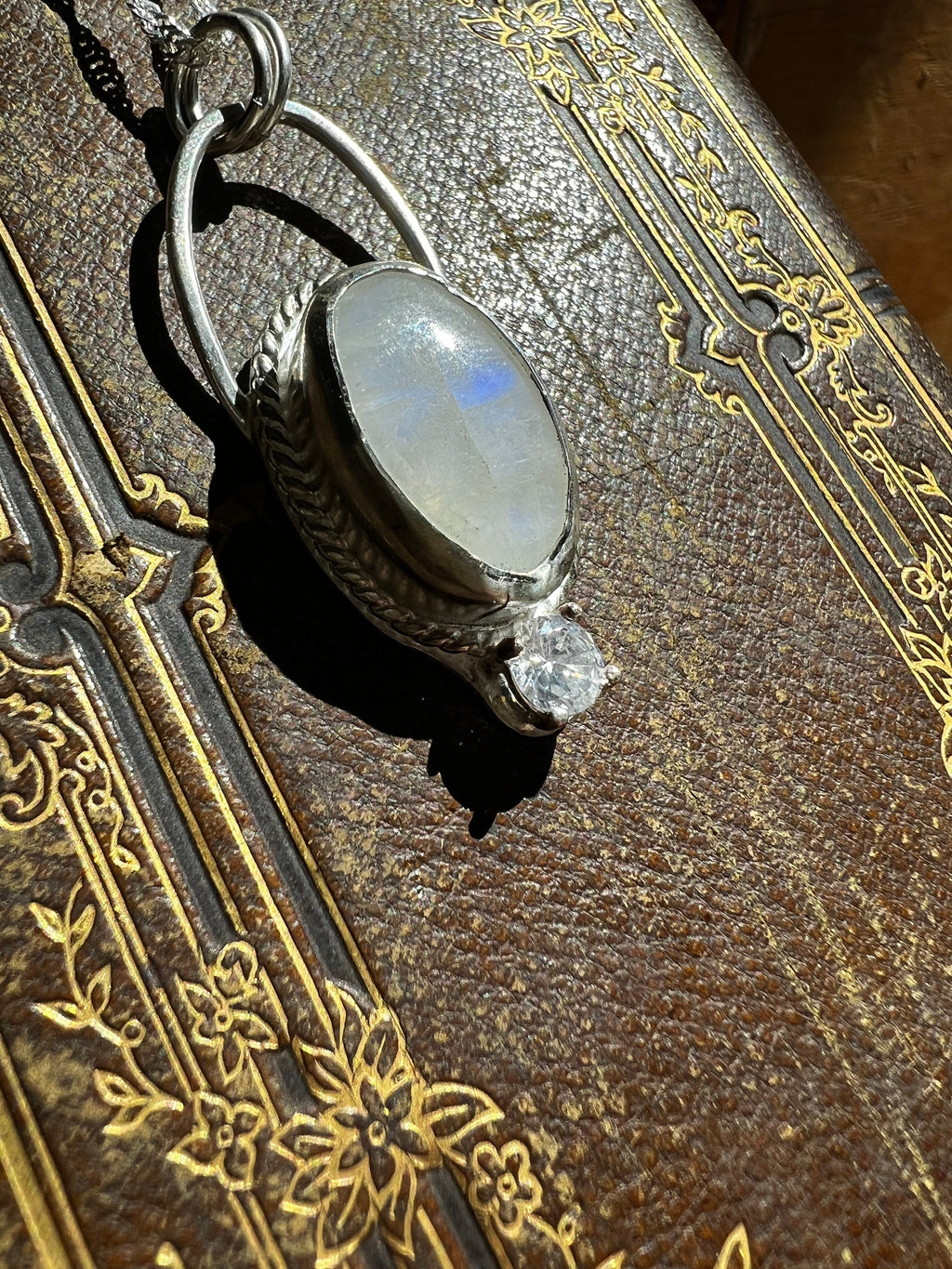 Moonstone and CZ Crystal Pendant Necklace