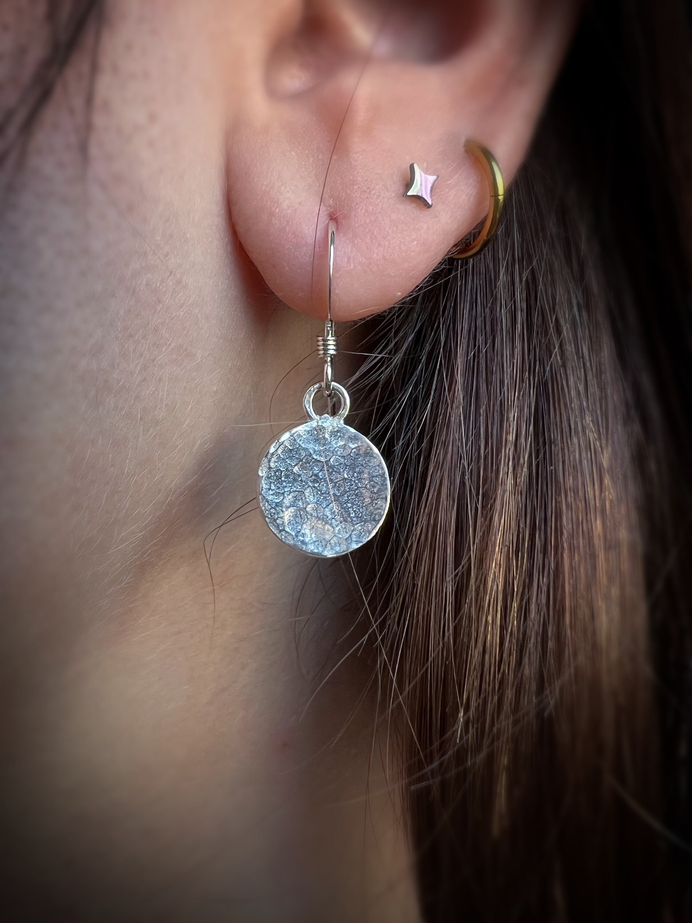 Luna Full Moon Hammered Circle Dangling Earrings
