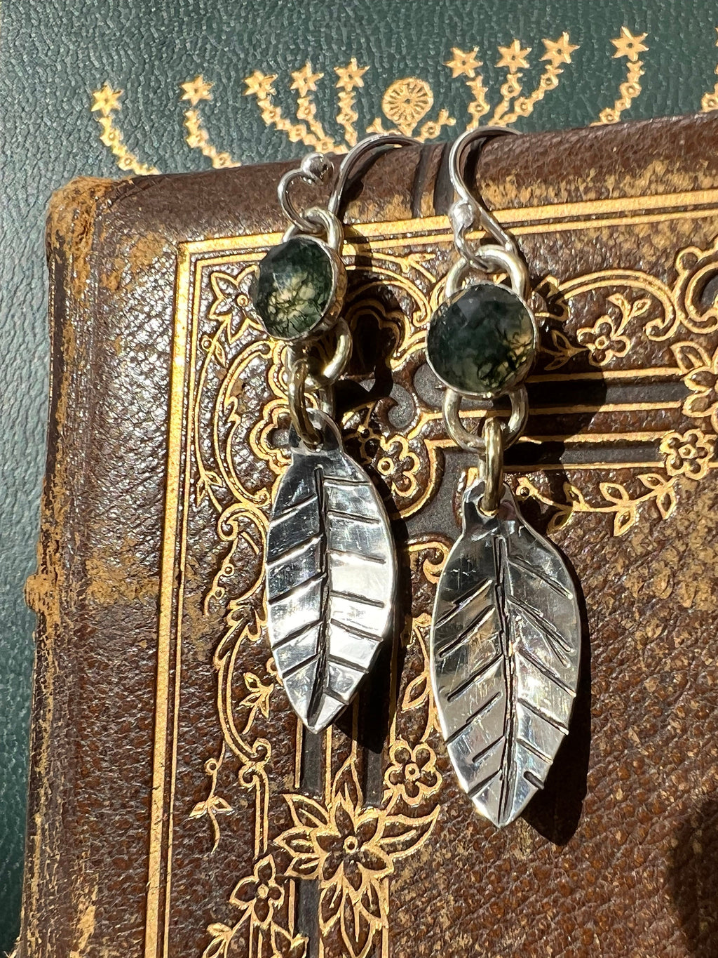 Moss Agate Natural Leaf Dangling Earrings