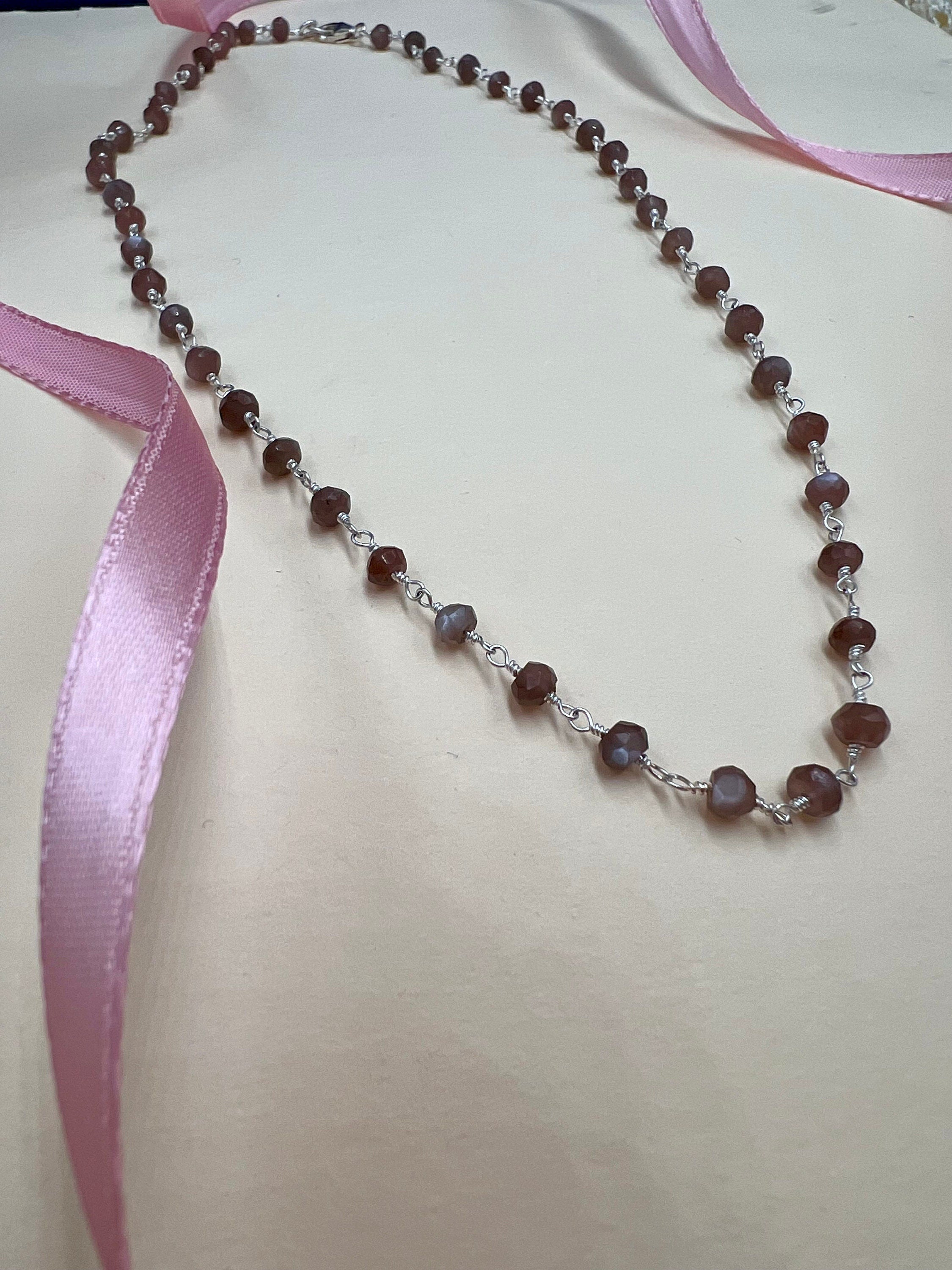 Cat Eye Smoky Rose Quartz Rosary Chain Choker Necklace 16"