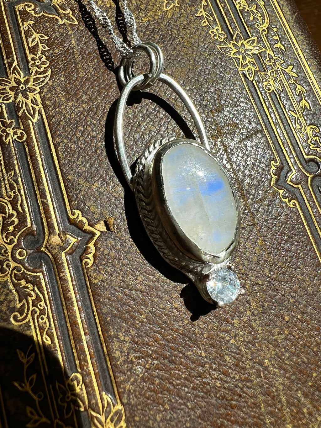 Moonstone and CZ Crystal Pendant Necklace