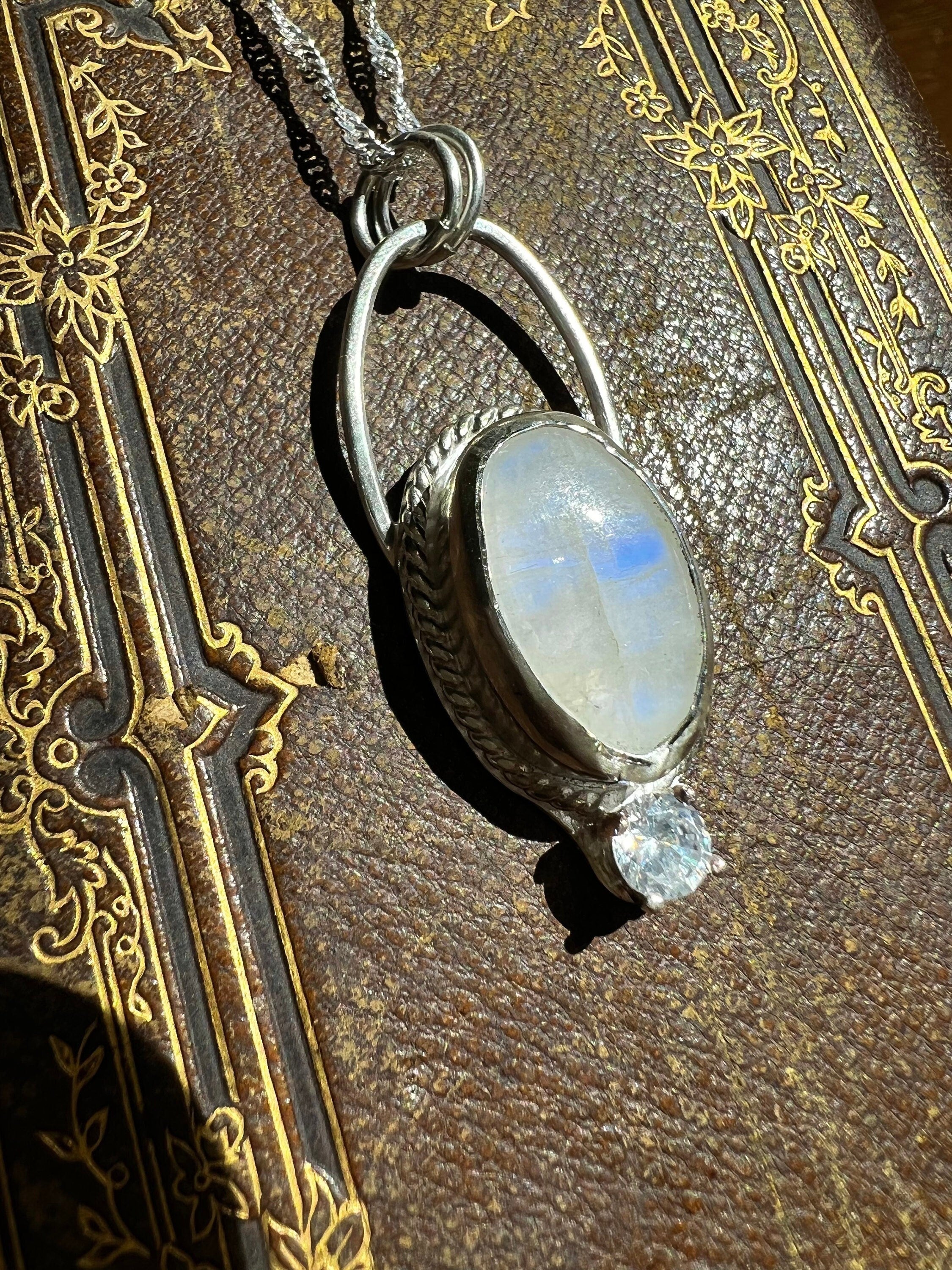 Moonstone and CZ Crystal Pendant Necklace