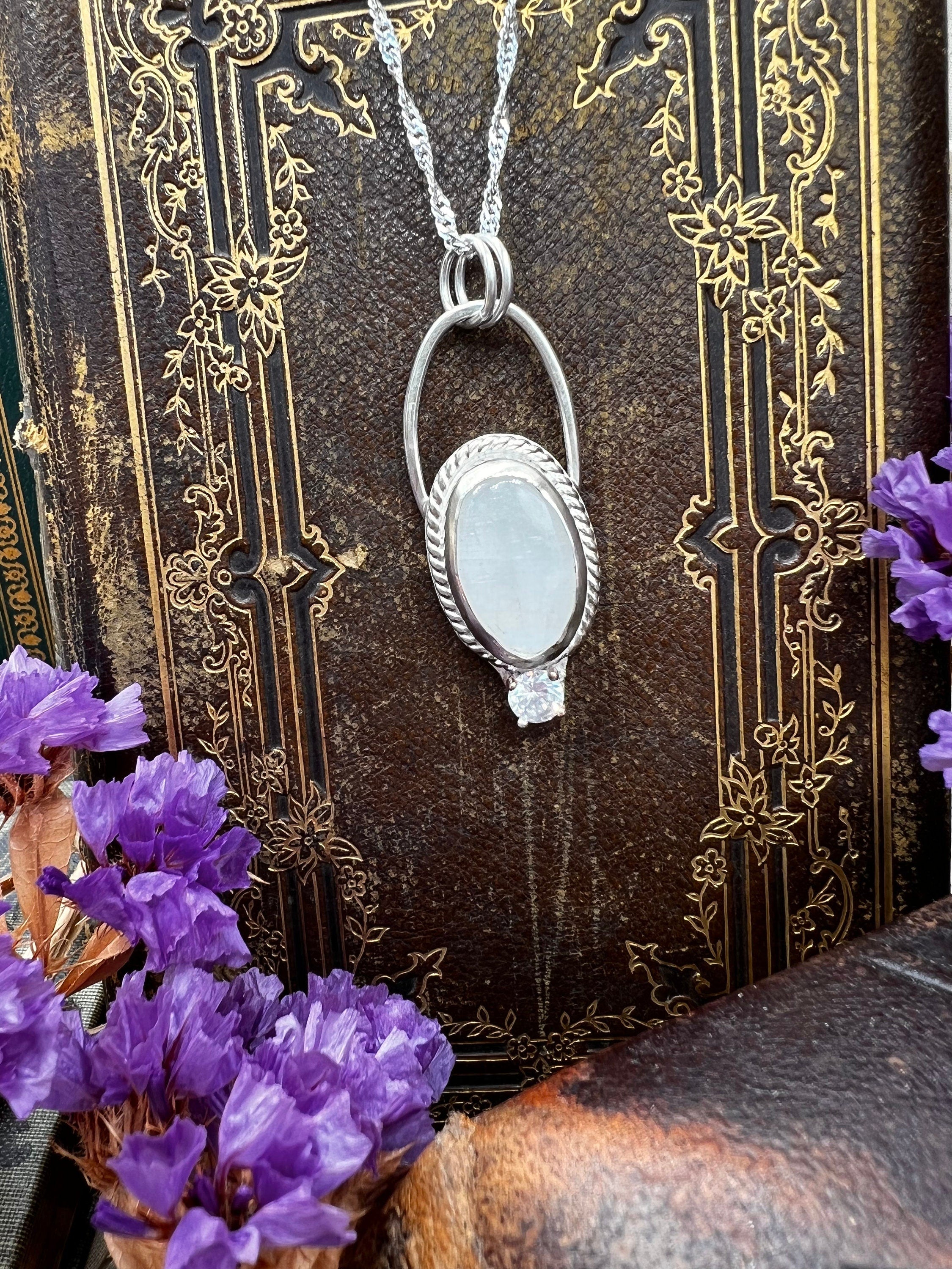 Moonstone and CZ Crystal Pendant Necklace
