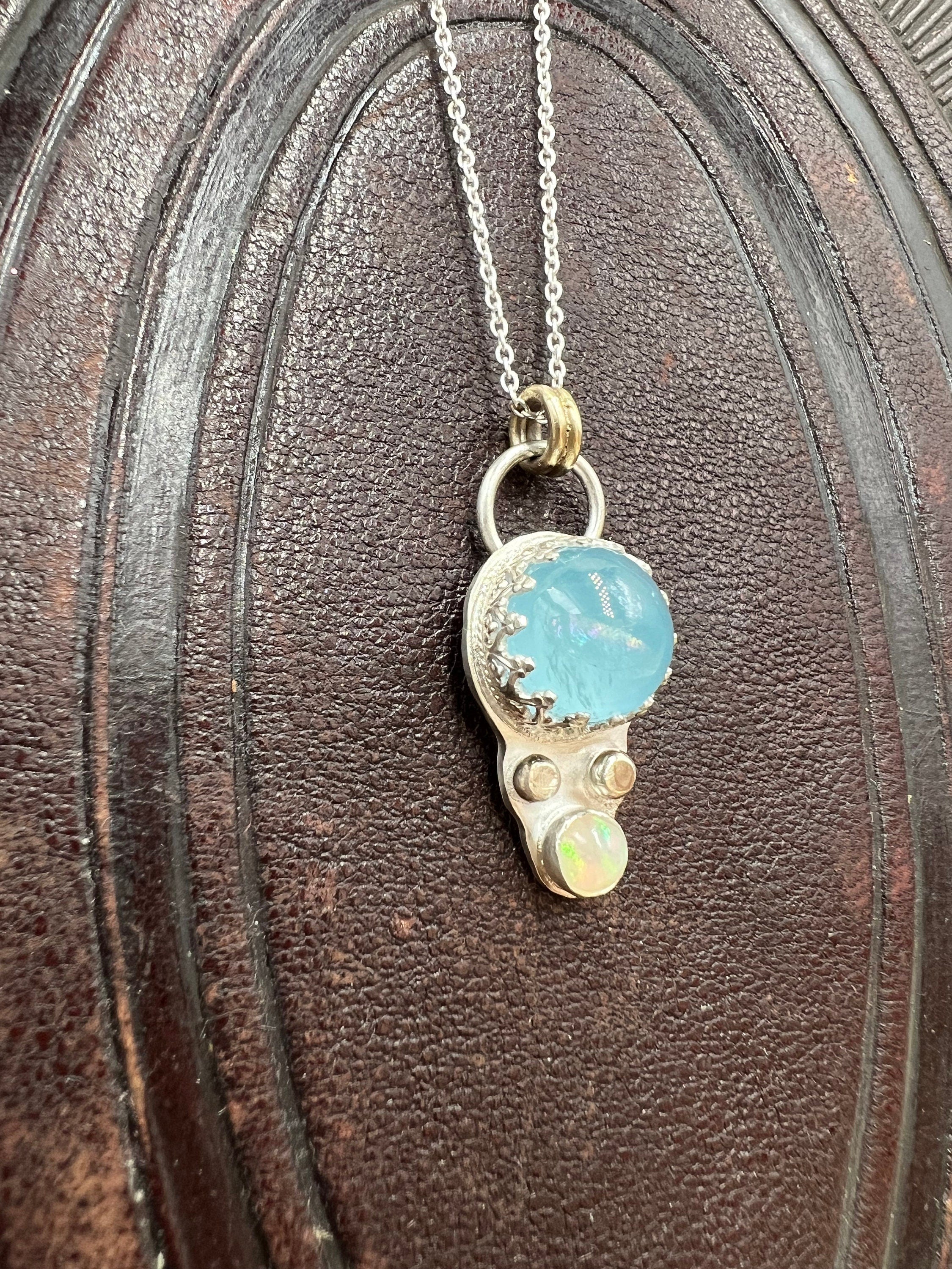 Aquamarine and Opal Rainbow Pendant Necklace