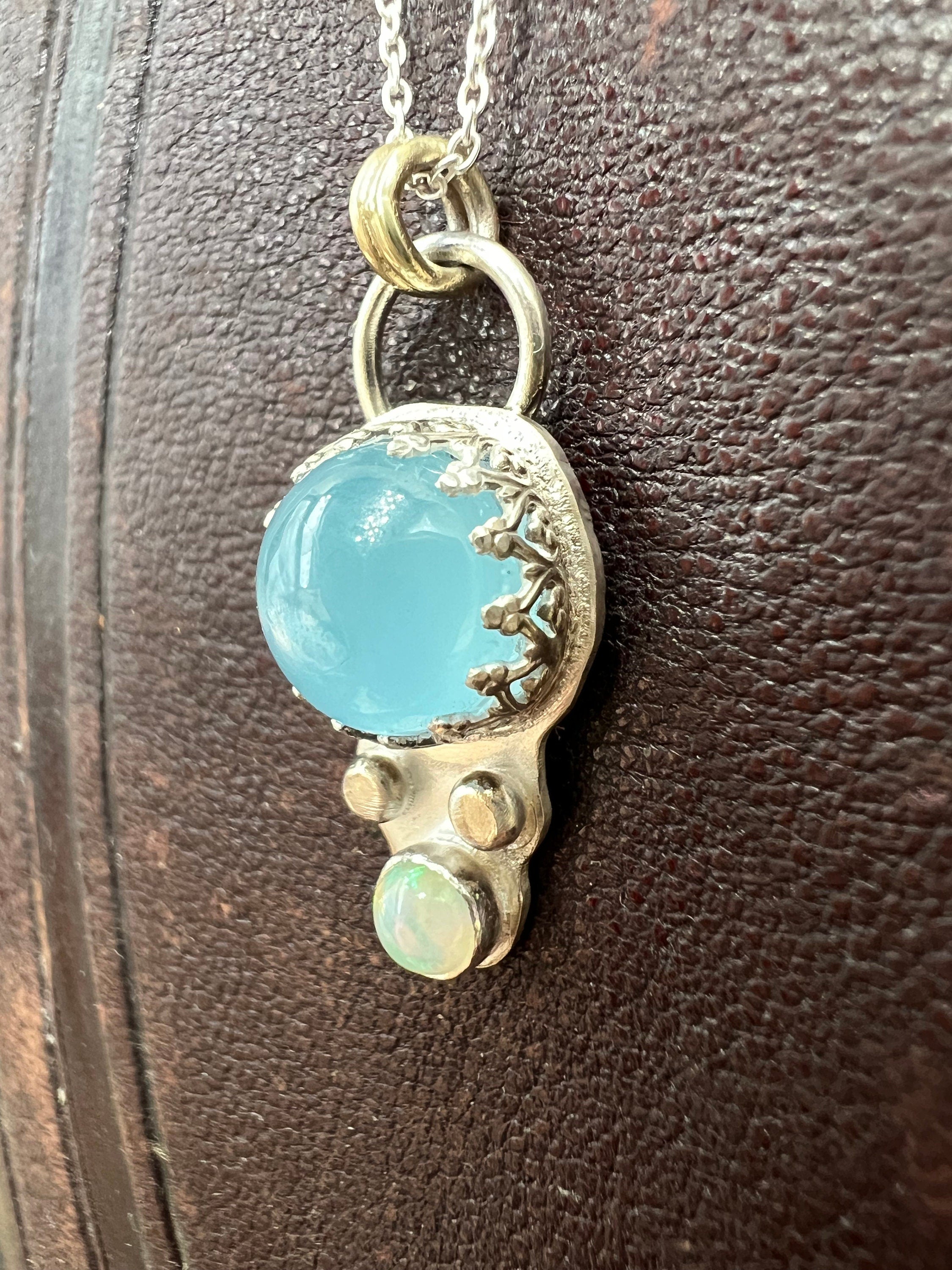 Aquamarine and Opal Rainbow Pendant Necklace
