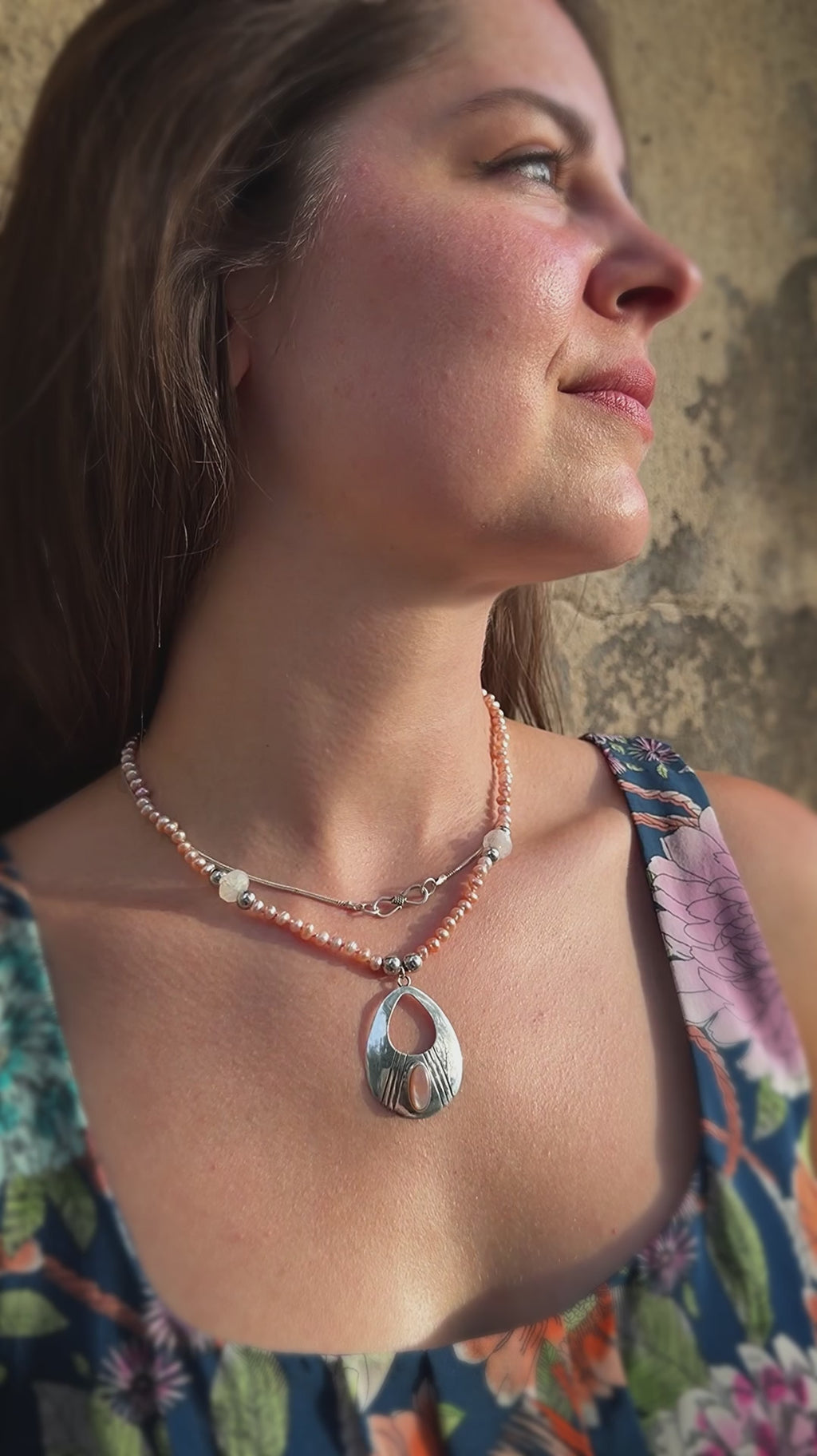 Pink Pearl, Moonstone & Silver Pendant Necklace