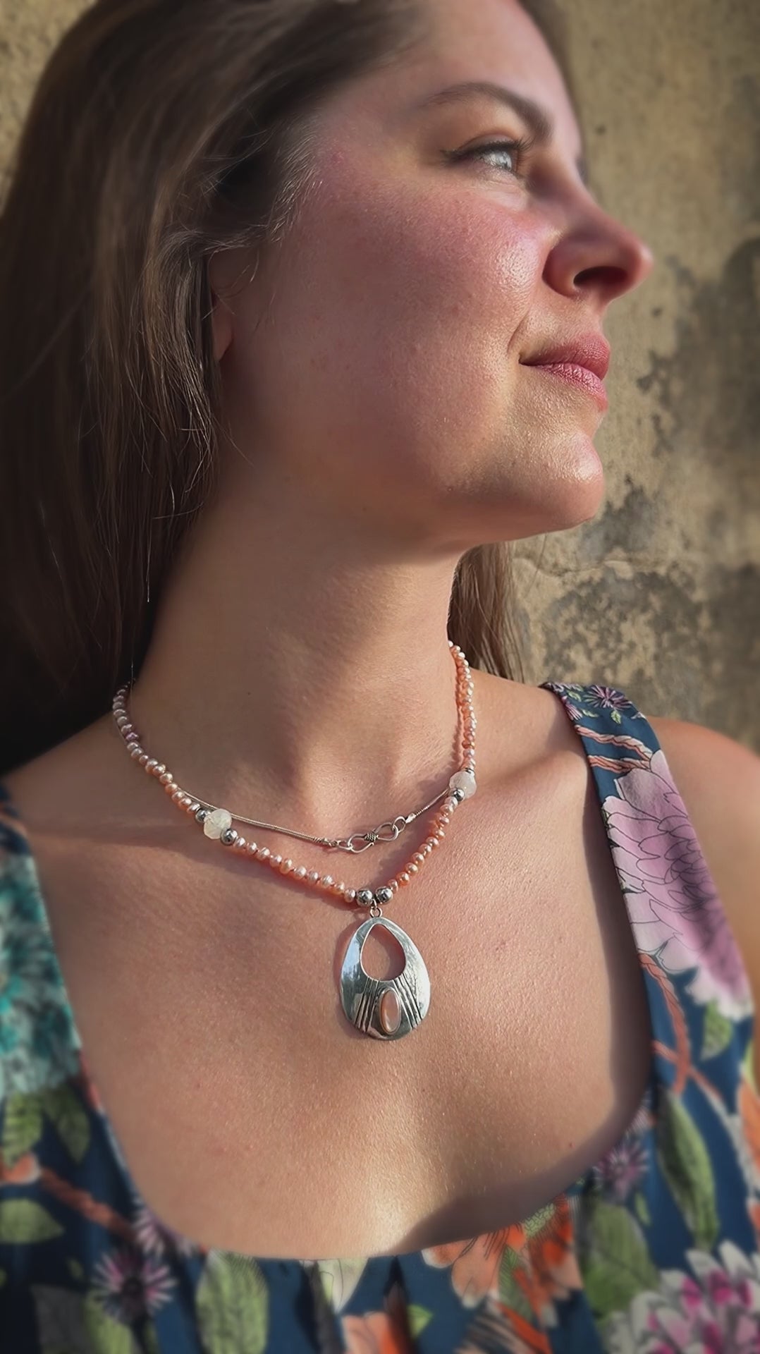 Pink Pearl, Moonstone & Silver Pendant Necklace